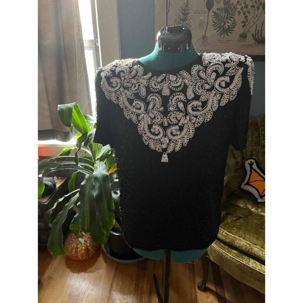 Vintage NWT Deadstock Sequin Short Sleeve Pure Silk Top with White + Black Beadi